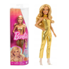 Barbie Gold Doll standing next to its original pink and clear window packaging box on a white background.
