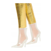 A pair of pointed-toe high-heeled ankle boots in a sheer iridescent white material, shown worn with shiny gold leggings on a plain white background.