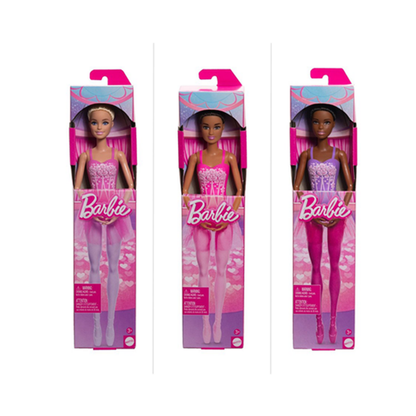 Three Barbie fashion dolls in pink ballet tutus, each in its original retail packaging, displayed side-by-side against a white background.