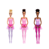 Three fashion dolls dressed in ballet-style outfits, standing side by side against a plain white background. The dolls have different skin tones and hair colors, and their outfits feature pink and purple tulle leotards with matching leggings.