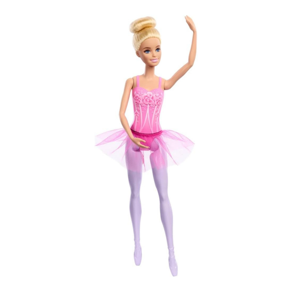 A blonde Barbie-style ballerina doll wearing a pink leotard, tutu skirt, lavender tights, and ballet shoes, posed against a plain white background.