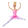 A blonde ballerina doll in a pink tutu dress and lavender tights, posed mid-leap against a plain white background.