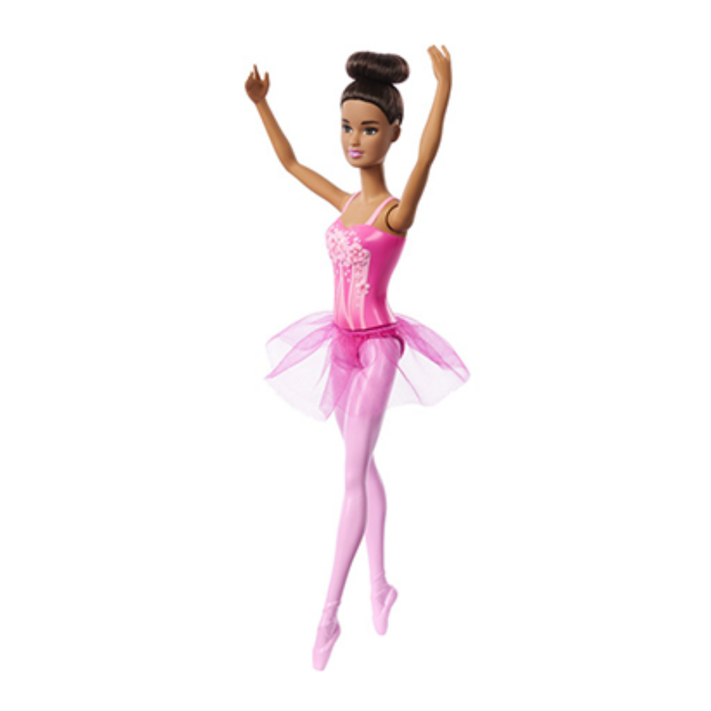 A Barbie-style ballerina doll with a pink tutu and ballet outfit, posed mid-leap against a plain white background.