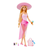 A Barbie-style doll with long blonde hair stands on a white background wearing a pink wide-brim hat, a pink-and-white striped tank top, and a pink polka-dot sarong skirt. She holds a small ice cream cone, with small accessory items placed below her including a phone, bottle, lipstick, and a pink bag with blue sunglasses.