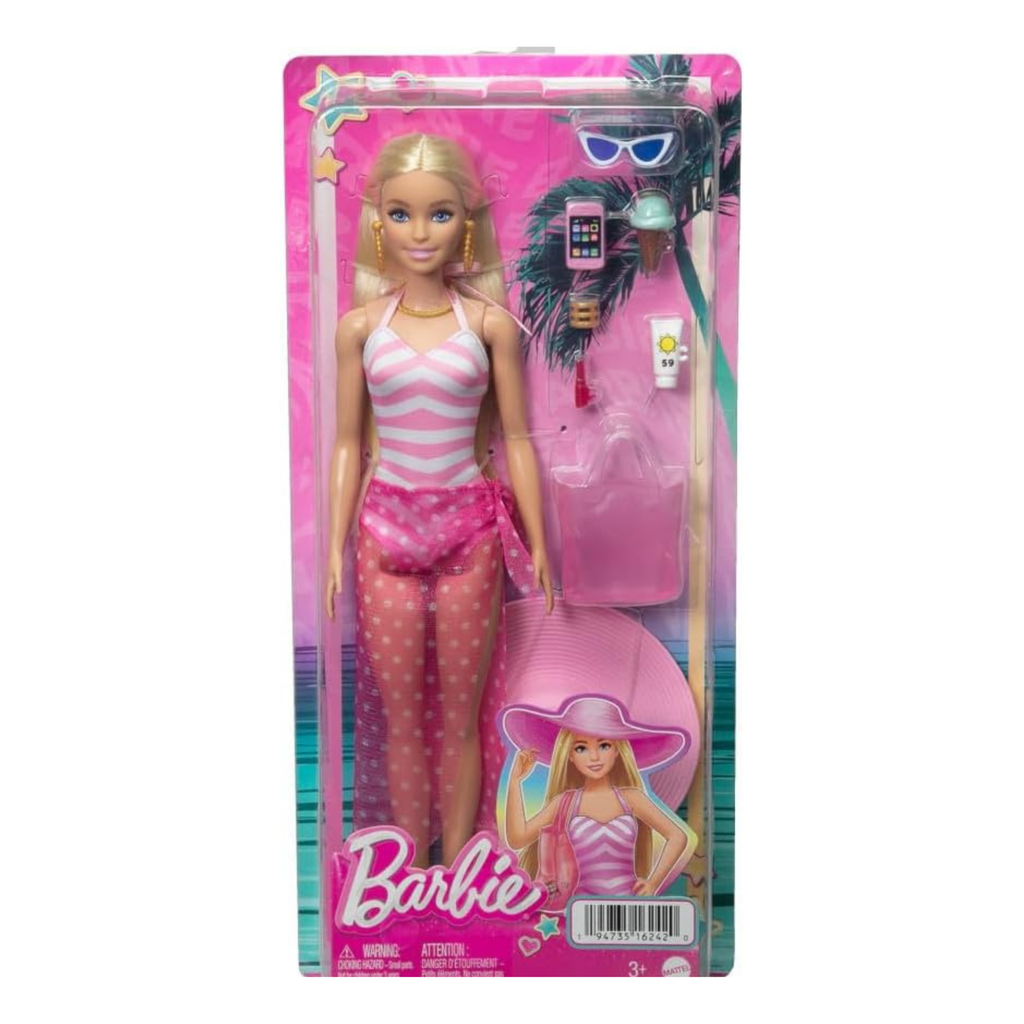 Barbie doll in a pink and white striped swimsuit with matching pink polka-dot pants, shown in its original blister packaging with a pink tropical accessory set.