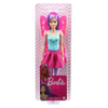 Barbie fairy doll in its original retail packaging, featuring a doll with purple hair and wings, wearing a turquoise top and pink skirt, set against a pink and white chevron background.