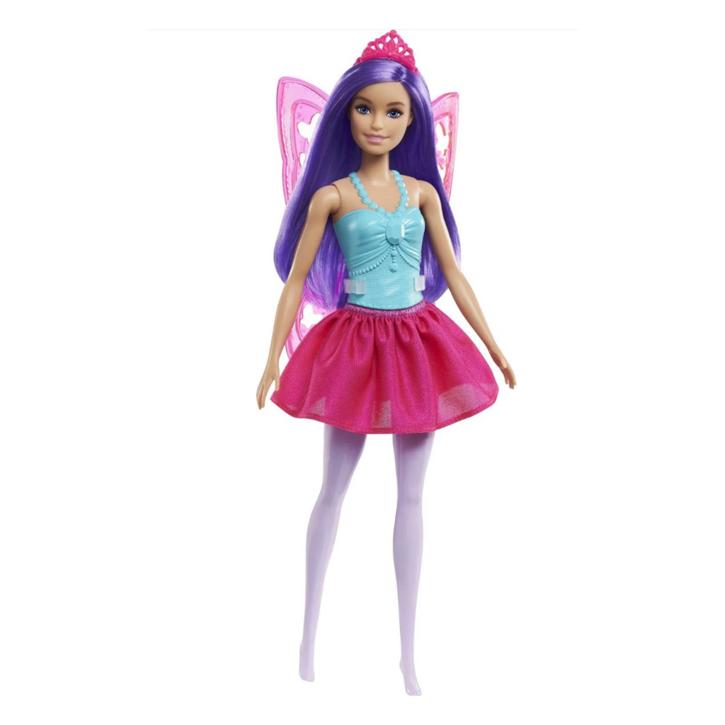 A toy fairy doll with long purple and pink hair, wearing a light blue top, magenta skirt, and matching pink wings, standing against a plain white background.