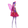A toy fairy doll with long purple hair, a pink dress, translucent pink wings, and white tights, shown against a plain white background.