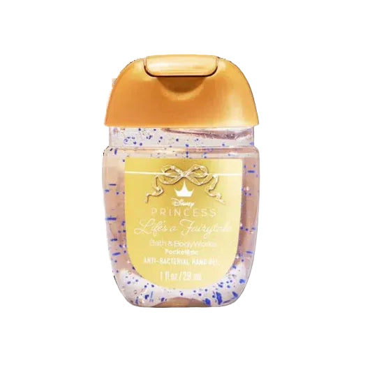 Disney Princess Life is a Fairytail Pocket Guard hand sanitizer in a clear plastic bottle with a gold cap and a gold label, featuring pinkish liquid with blue glitter.