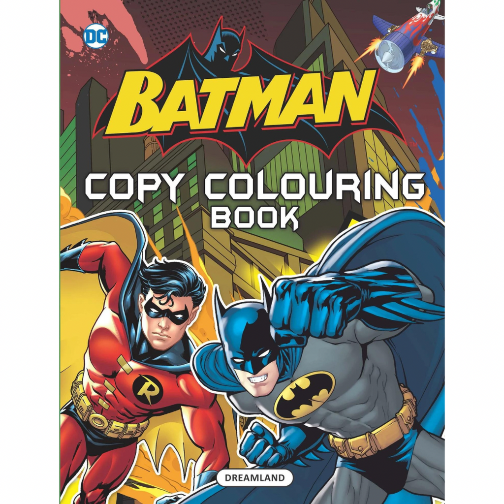 Cover of the 'Batman Copy Colouring Book' featuring illustrations of Batman and Robin with vibrant colors and dynamic background.
