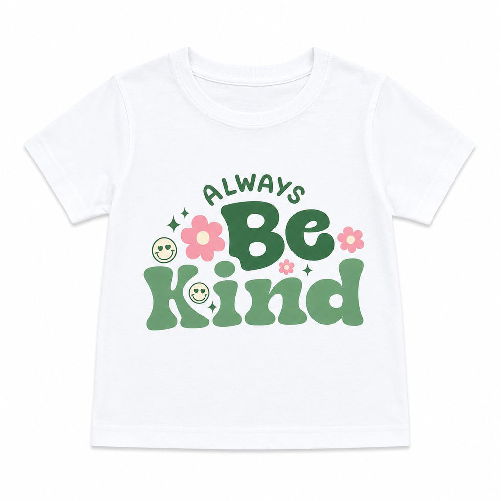 White t-shirt with 'Always Be Kind' text and graphics on a white background