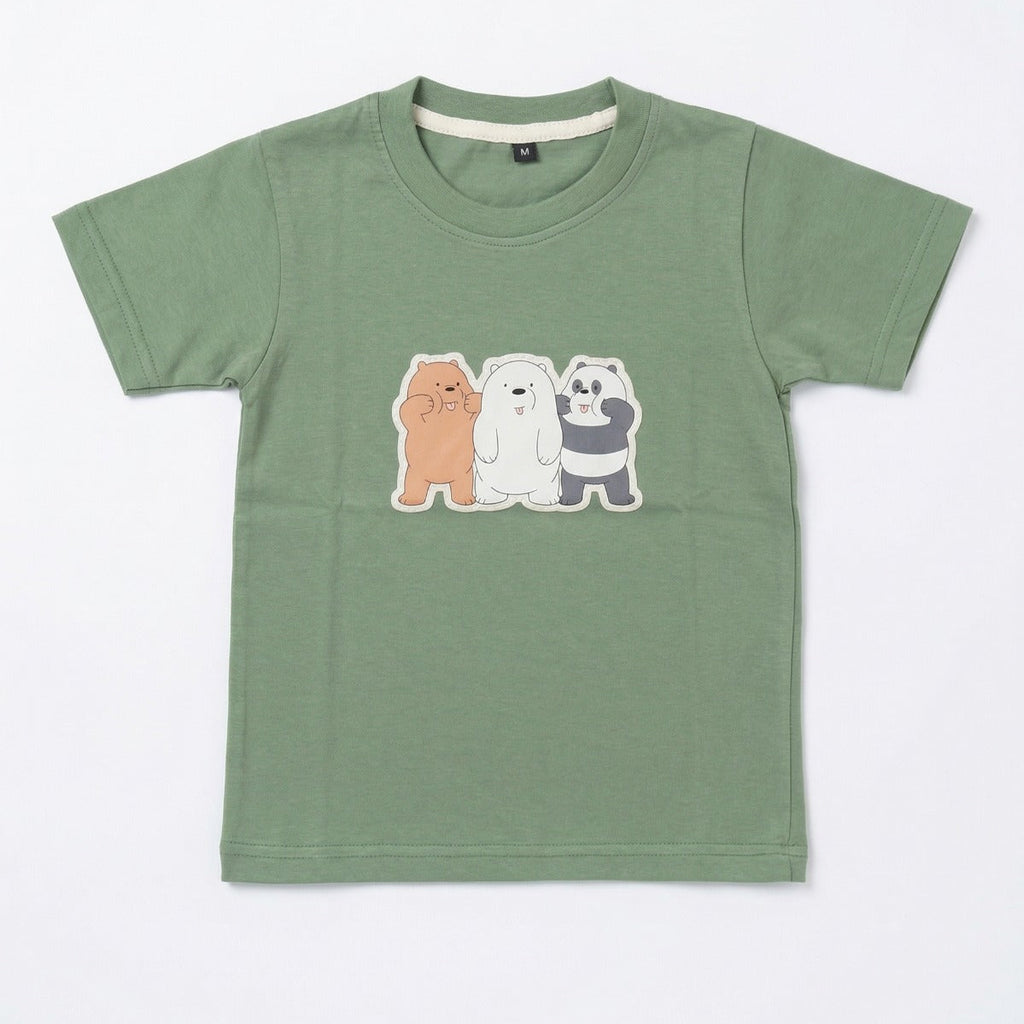 Green t-shirt with cartoon bear design on a white background