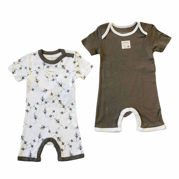 Two baby rompers, one with a bee pattern and one solid brown color, both with round neckline and snap buttons.