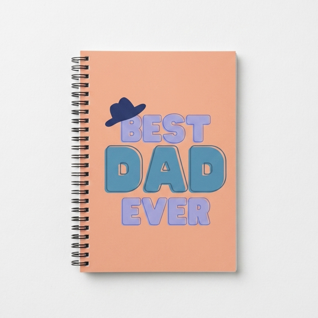 Notebook with 'Best Dad Ever' text on a peach cover against a white background