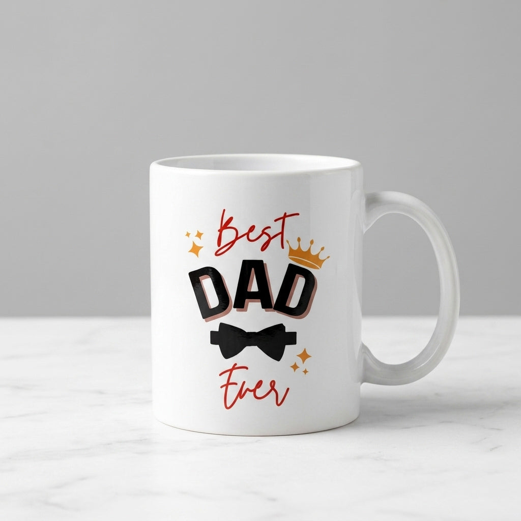 White mug with 'Best Dad Ever' text on a gray background