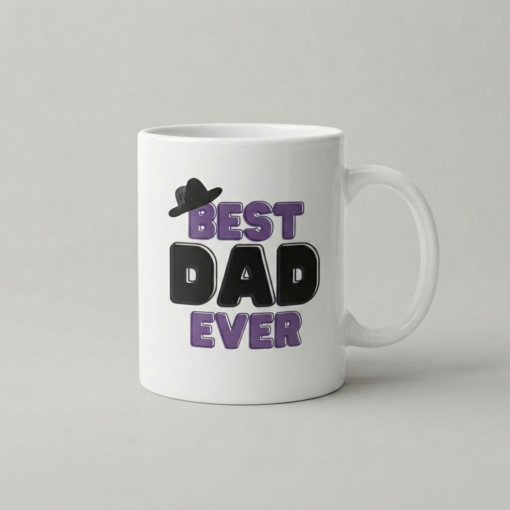 White mug with 'Best Dad Ever' text and a hat graphic on a light gray background