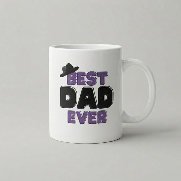 White mug with 'Best Dad Ever' text and a hat graphic on a light gray background