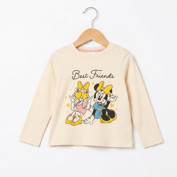A cream-colored long-sleeve children's t-shirt hanging on a wooden hanger against a white background. The shirt features a colorful graphic of Minnie and Daisy Mouse with the text 'Best Friends' printed on the front.