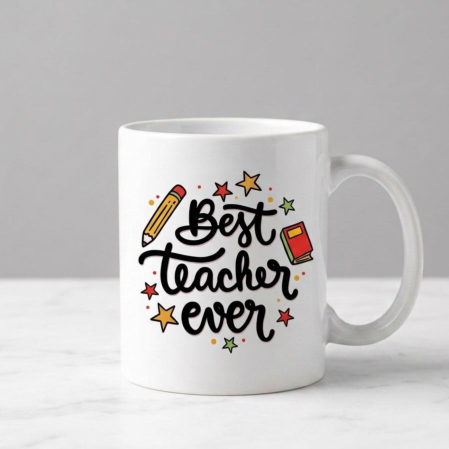 White mug with 'Best Teacher Ever' text and graphics on a gray background
