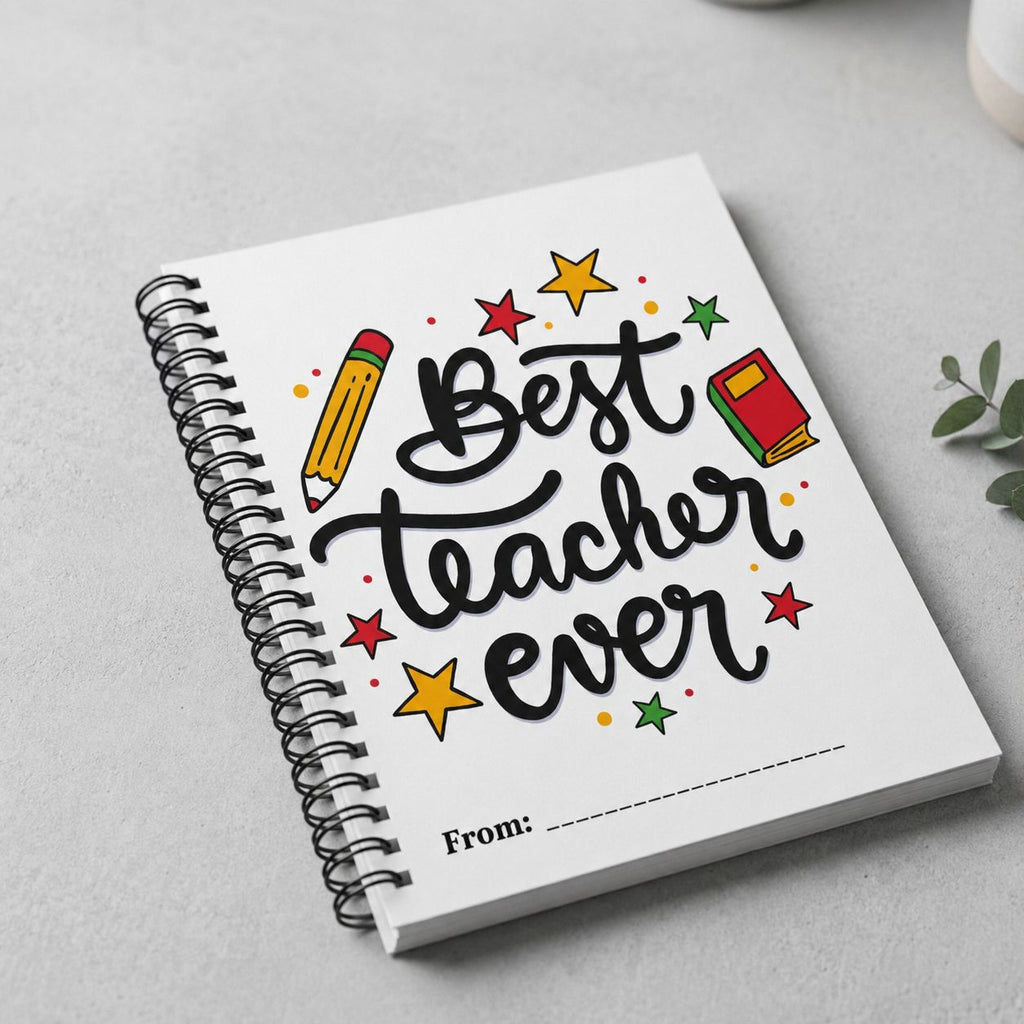 Notebook with 'Best Teacher Ever' text on a light gray background