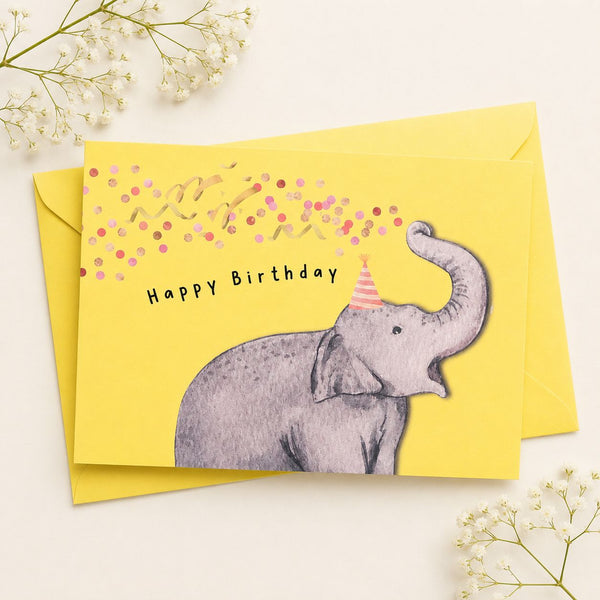 Yellow birthday card with an elephant and party hat on a white background