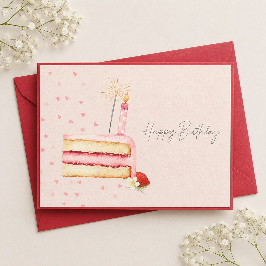 Birthday card with a cake illustration and 'Happy Birthday' text, featuring a red envelope.