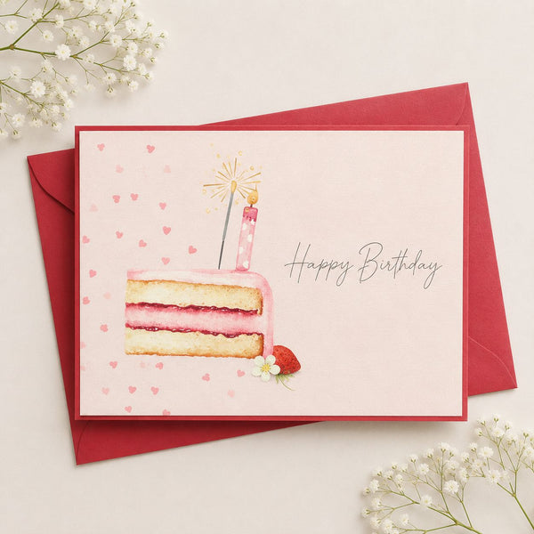 Birthday card with a cake illustration and 'Happy Birthday' text, featuring a red envelope.