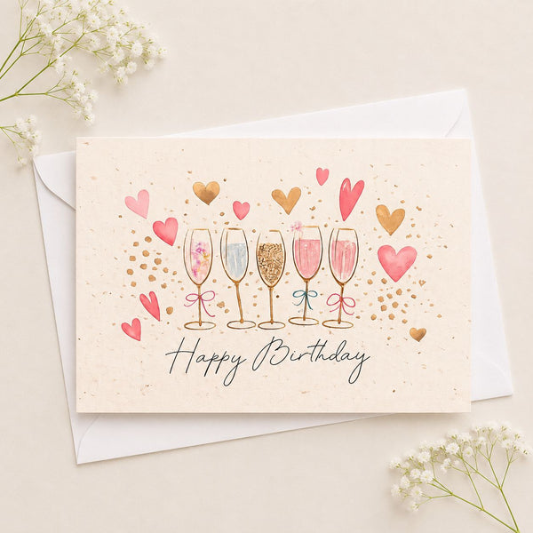 Birthday card with champagne glasses and hearts on a beige background