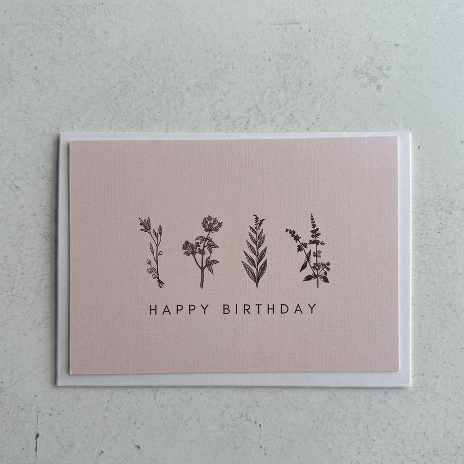 Pink birthday card with floral illustrations and 'Happy Birthday' text on a textured gray background