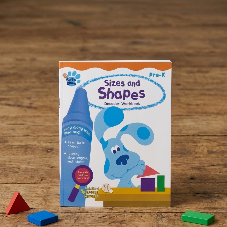 Blue's Book Club 'Sizes and Shapes Decoder Workbook' for Pre-K children, displayed on a rustic wooden tabletop with small colorful geometric blocks scattered nearby.