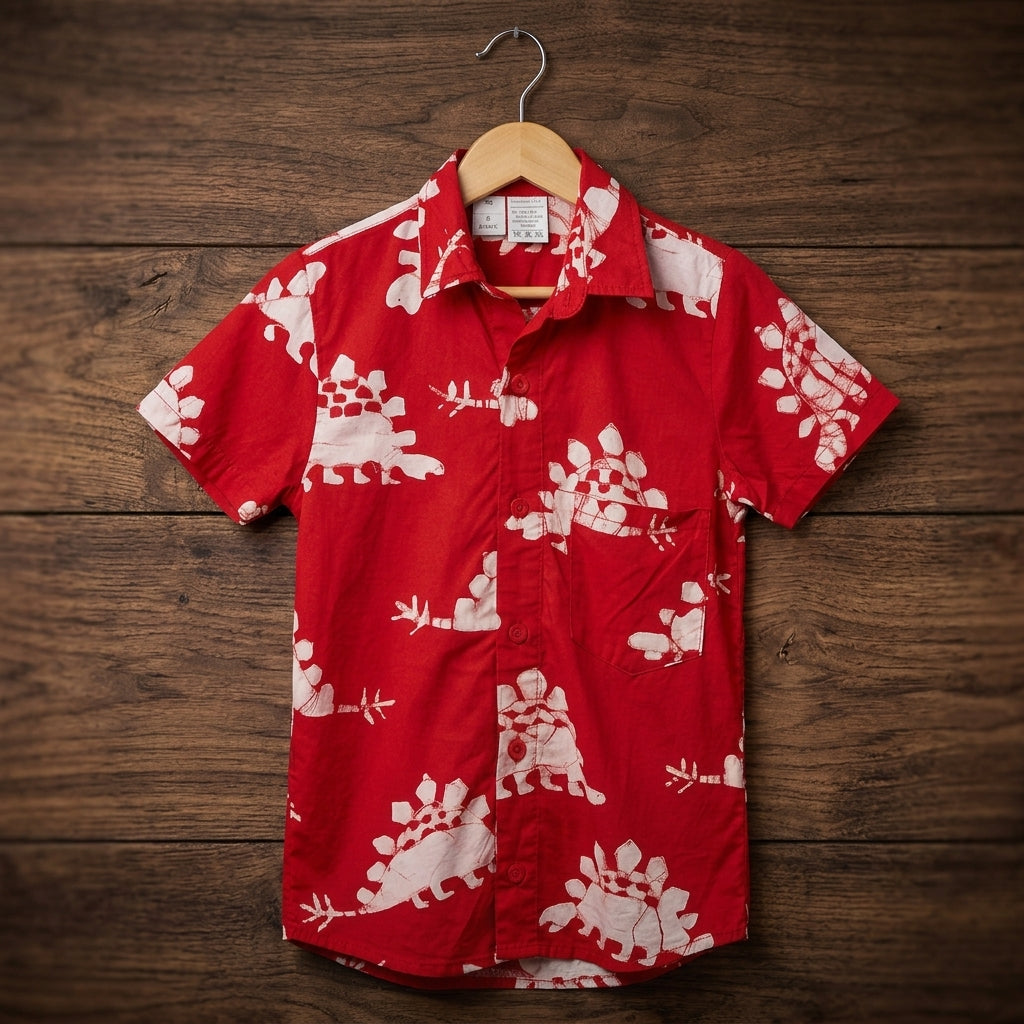 Boys' Batik Dinosaur Short Sleeve Cotton Shirt in rich red.