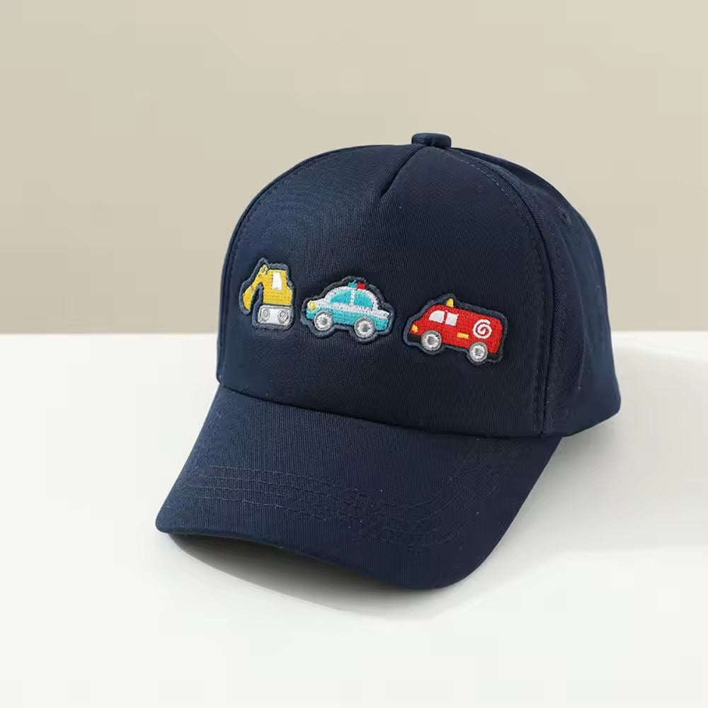 Navy blue cap with three embroidered vehicle icons 