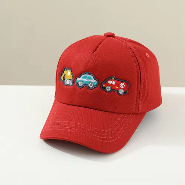 Red cap with embroidered car designs 