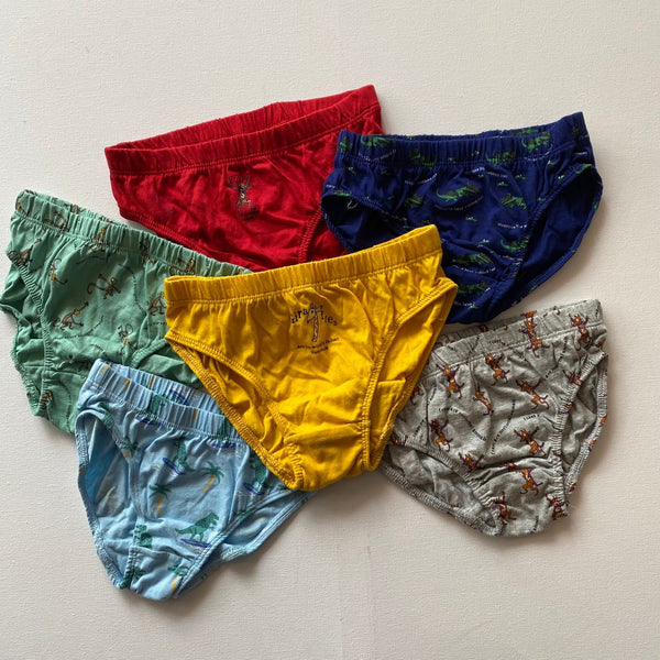 A set of five boys' cotton underwear in various colors including red, blue, green, yellow, and gray, each featuring a different pattern.