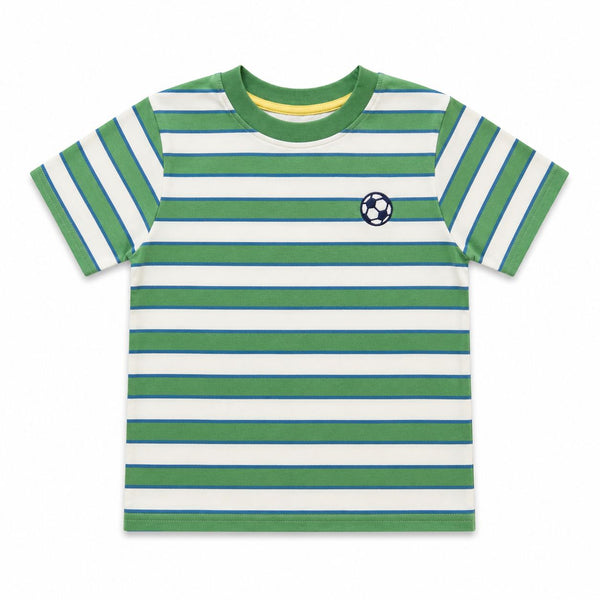 Green and white striped t-shirt with a soccer ball logo on a white background