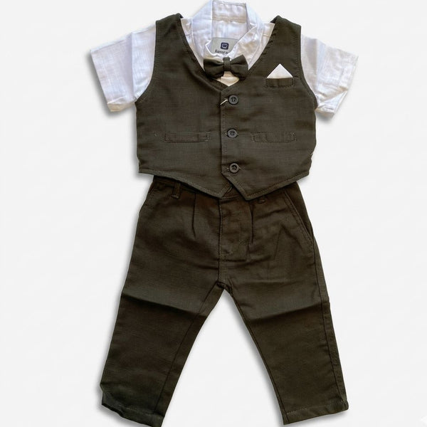 Children's formal outfit with vest, pants, and bow tie on a white background