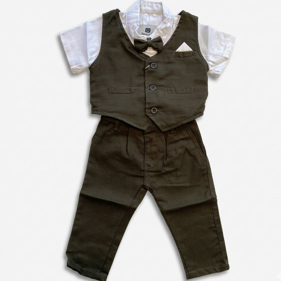 Children's formal outfit with vest, pants, and bow tie on a white background