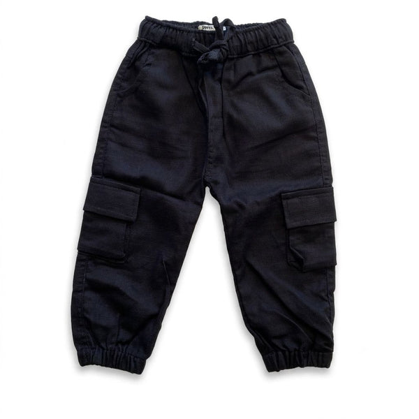 Black cargo pants on a white background