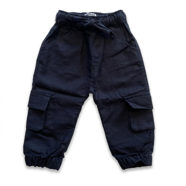 Navy blue cargo pants on a white background