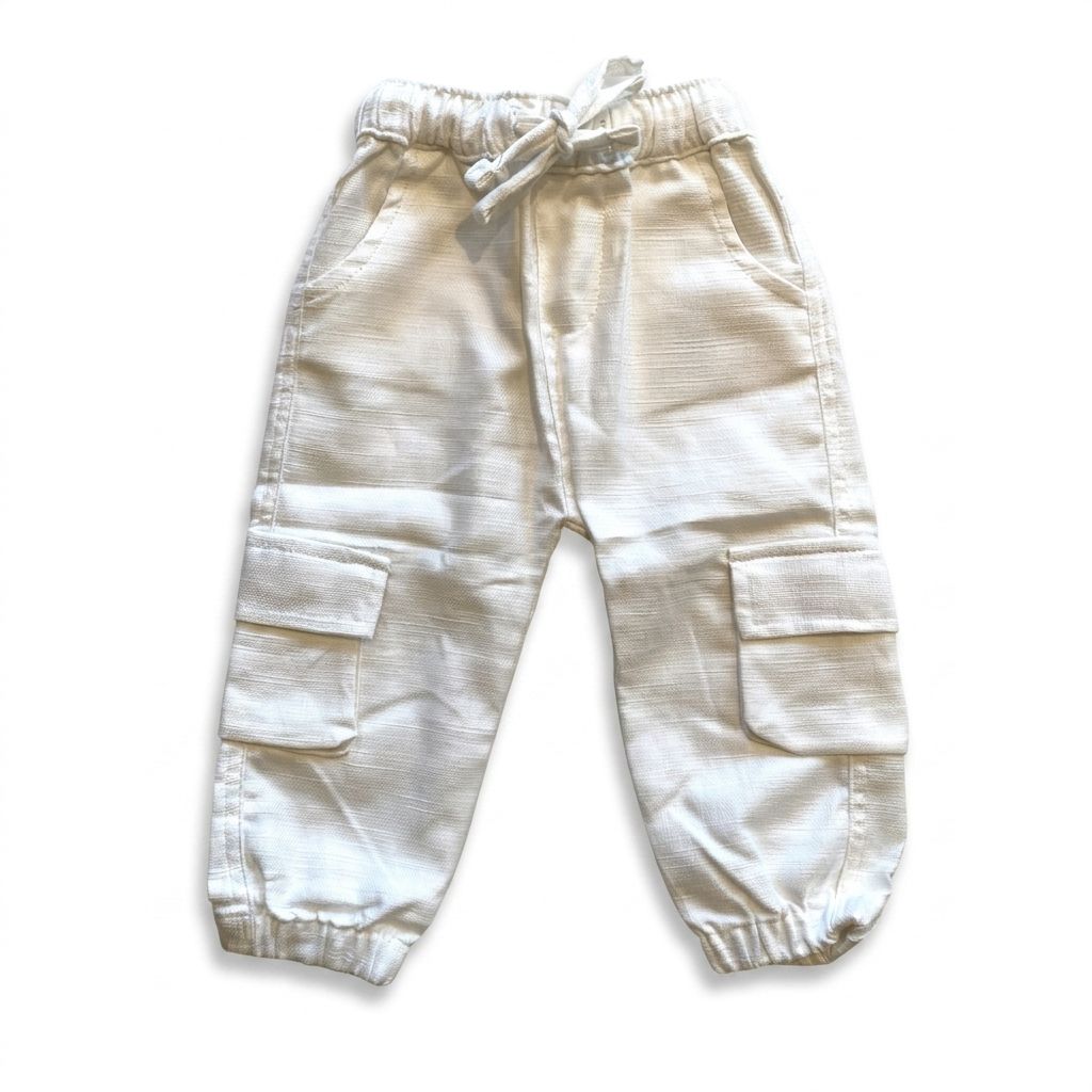 Beige cargo pants on a white background