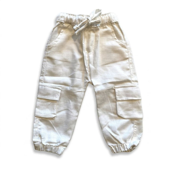 Beige cargo pants on a white background