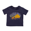 Navy blue t-shirt with a yellow tractor graphic on a white background