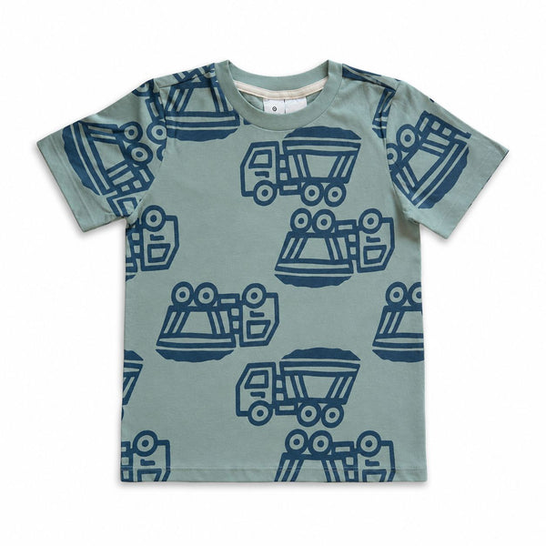 Children's t-shirt with blue truck pattern on a light green background