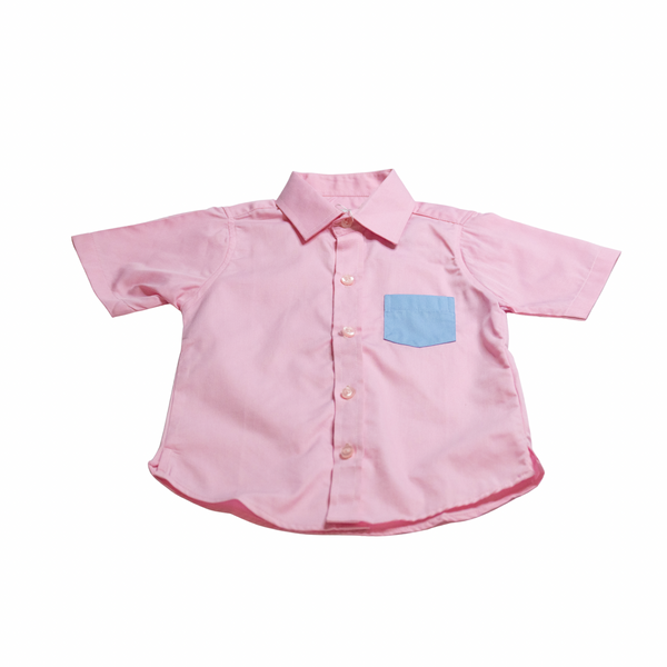 Pink shirt with a blue pocket on a white background