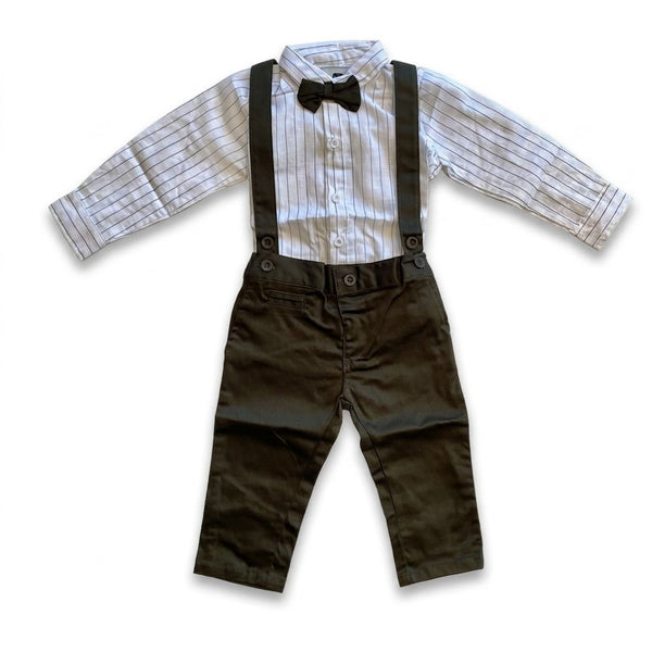 Children's outfit with plaid shirt, suspenders, and bow tie on a white background