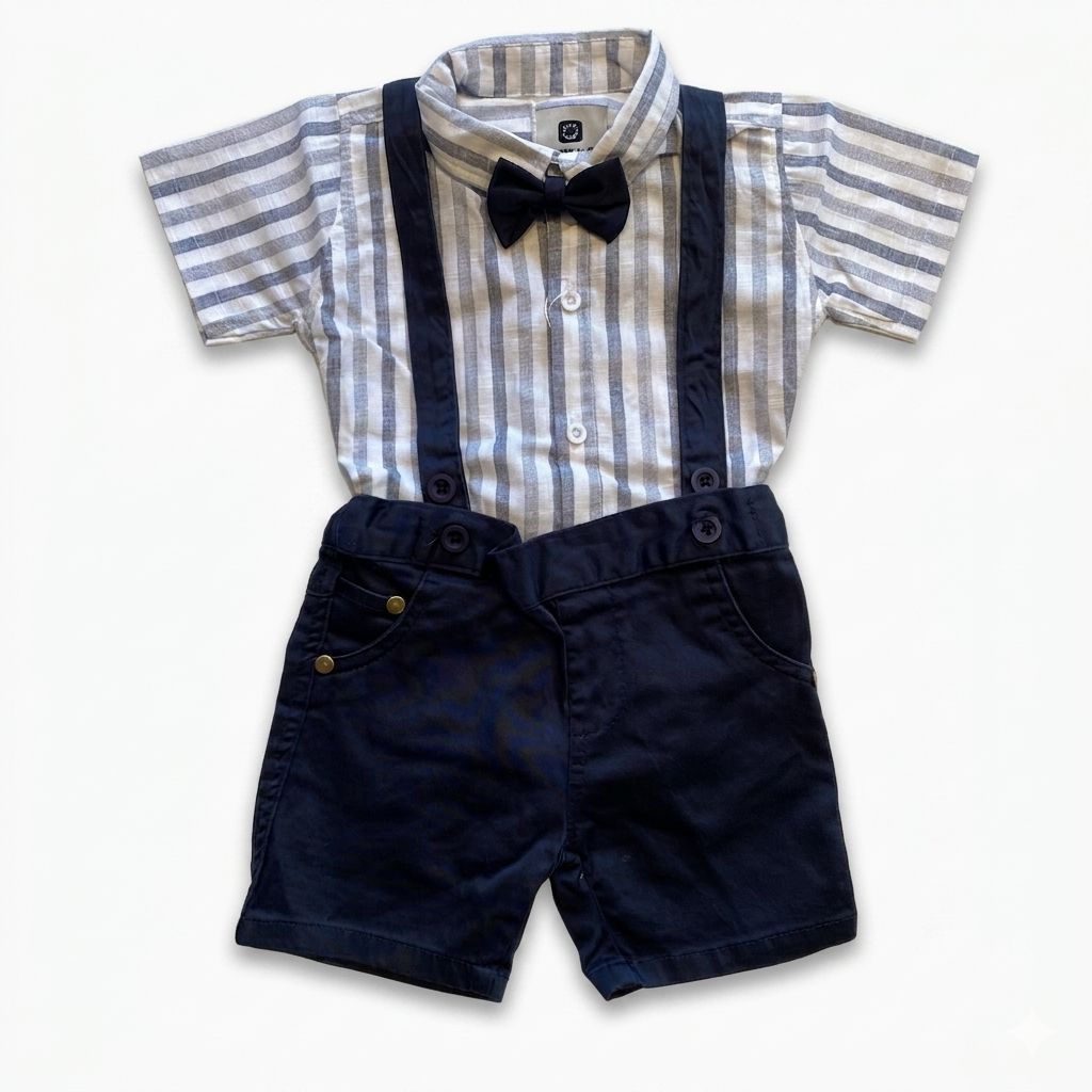 Children's outfit with striped shirt, suspenders, and shorts on a white background