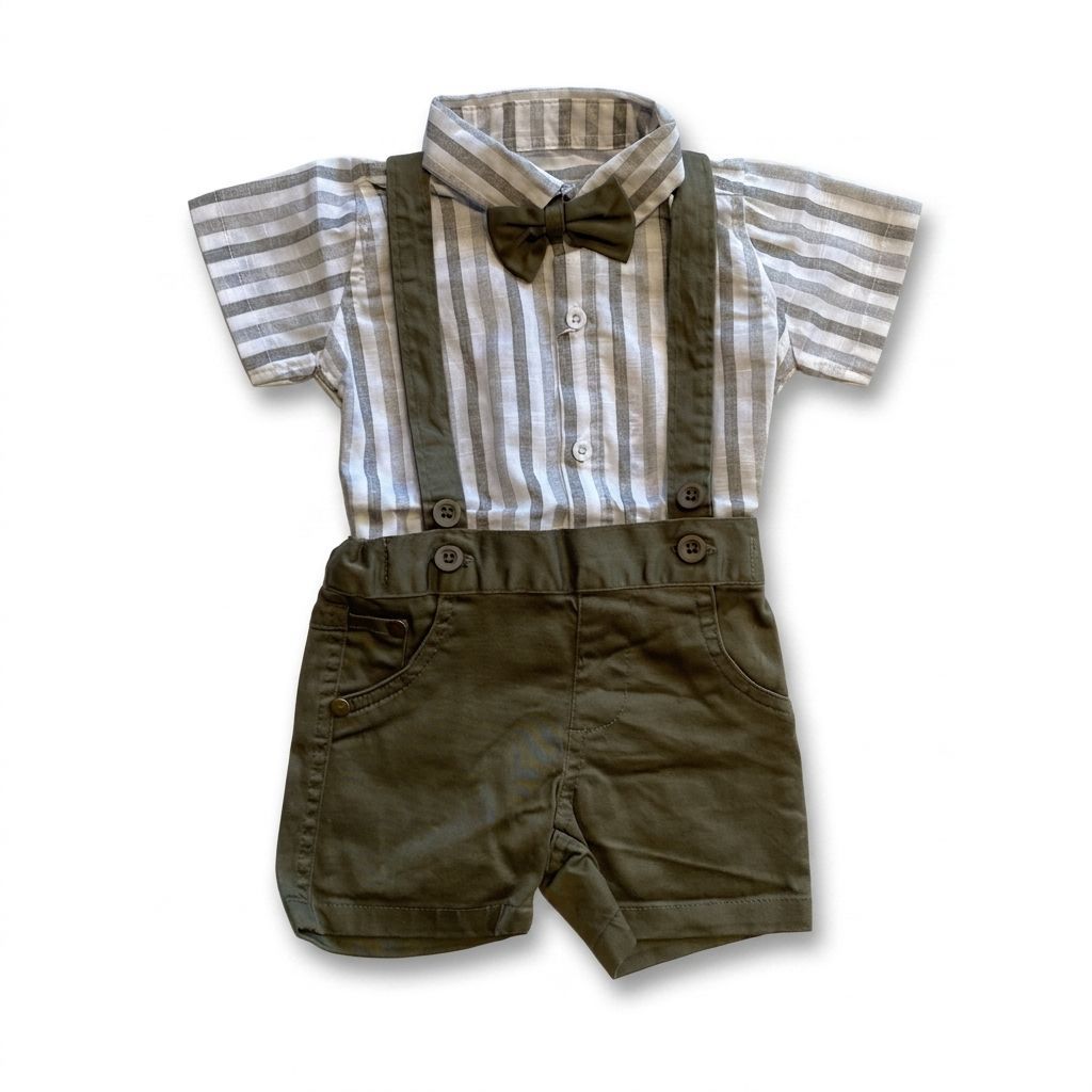 Children's outfit with striped shirt, suspenders, and shorts on a white background