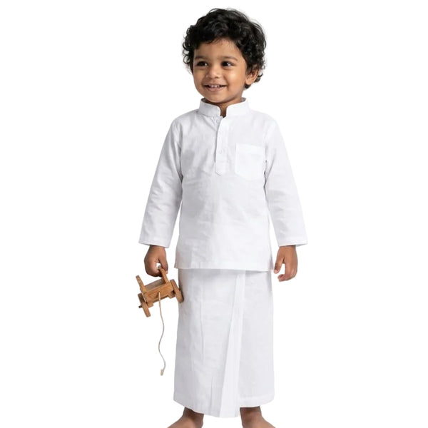 Child wearing a white traditional outfit holding a wooden toy on a white background