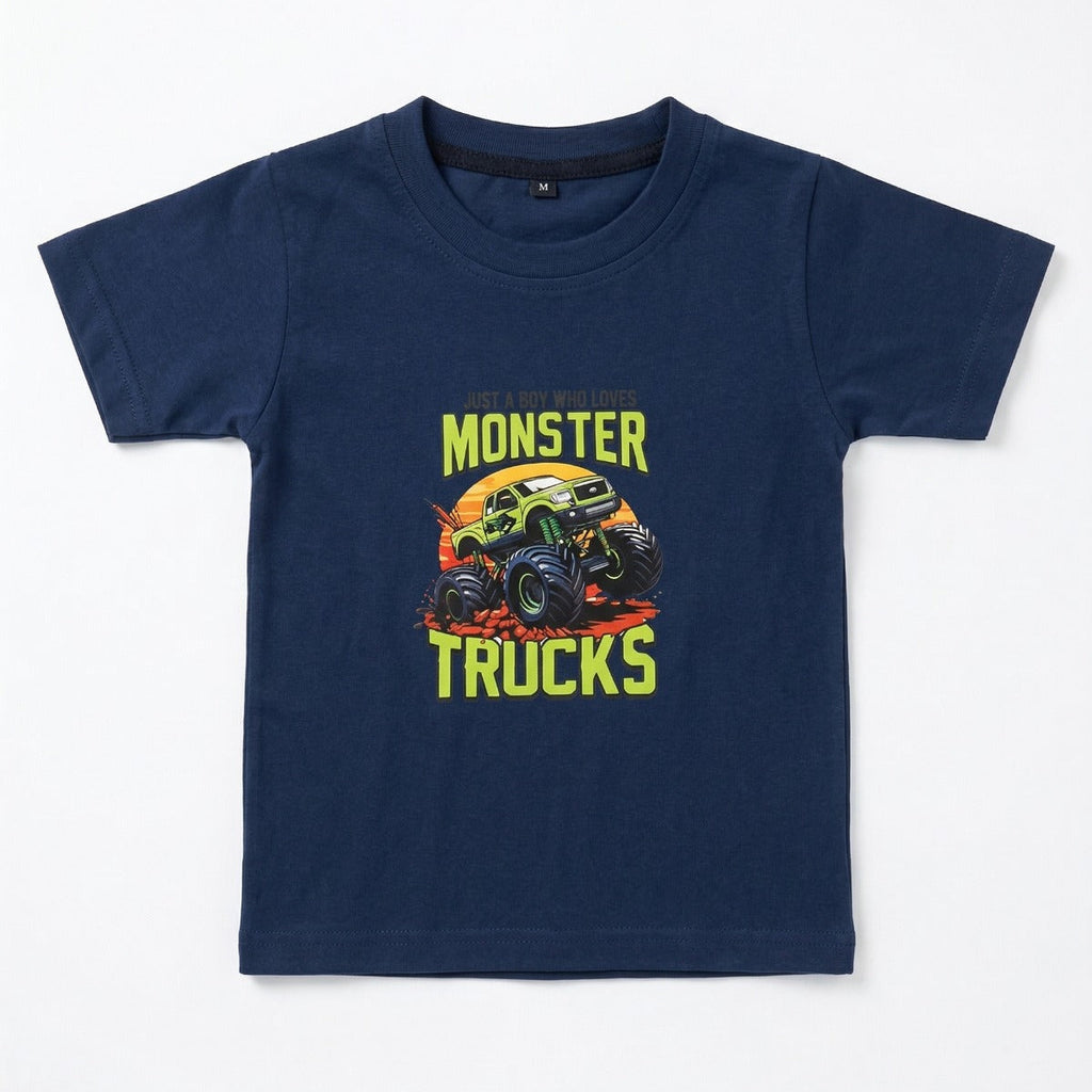 Navy blue t-shirt with 'Monster Trucks' graphic on a white background