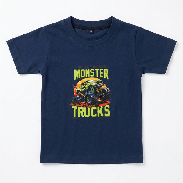 Navy blue t-shirt with 'Monster Trucks' graphic on a white background